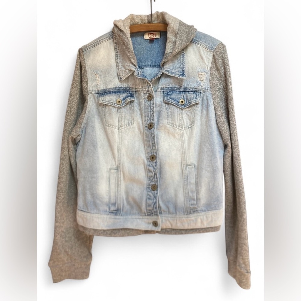 LEI‎ Women’s Juniors XXL Jean Jacket with Knit Sleeves & Hood